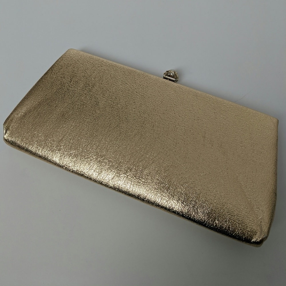 Vintage metallic gold clutch, pearl clasp, lined